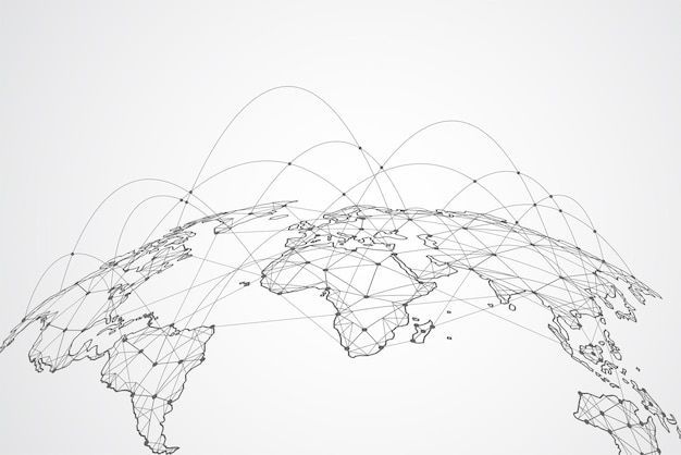 World map connected by a network of international routes